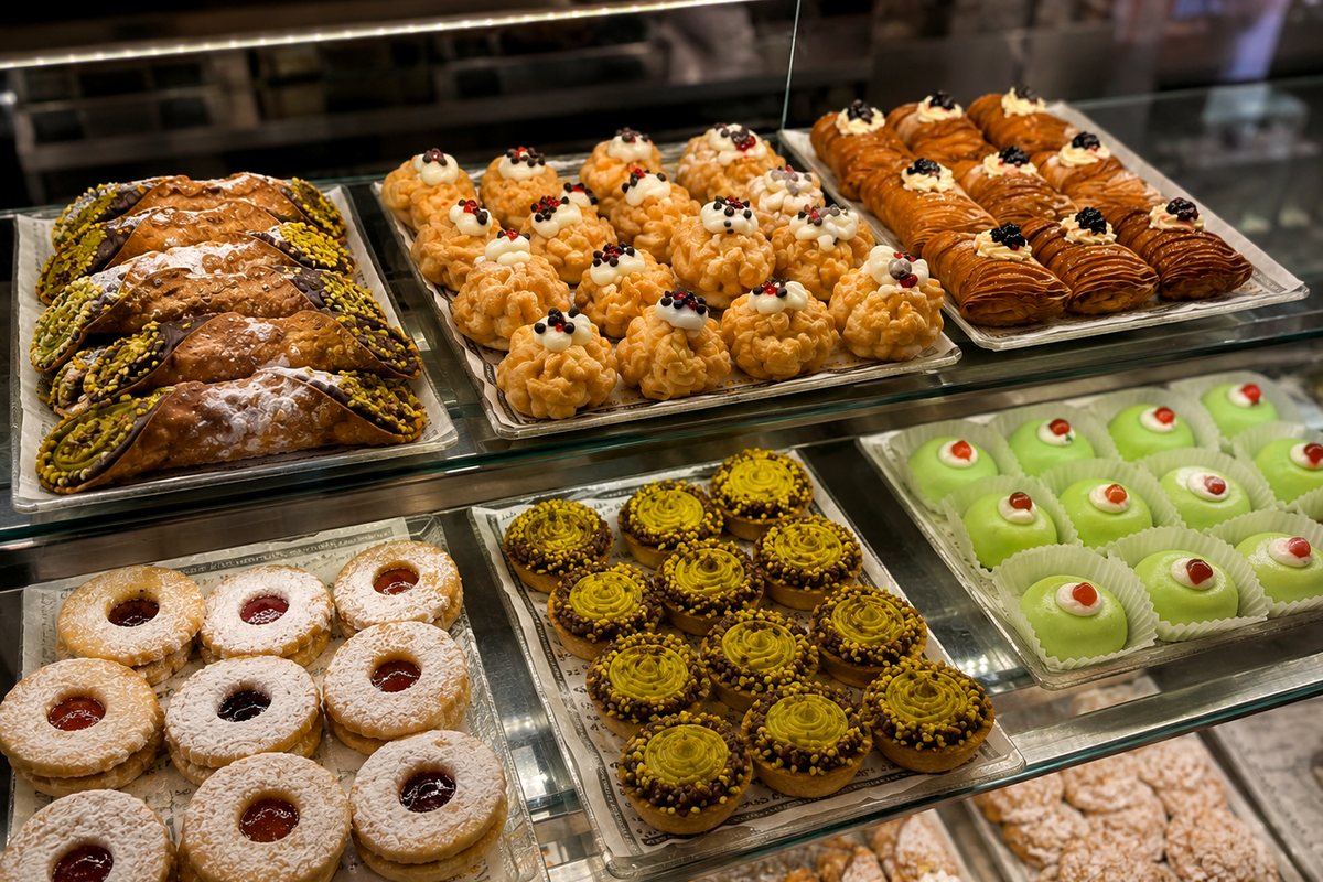 The dessert display — cannoli, zeppole, sfogliatelle, jam biscuits, pistachio tarts and cassatelle