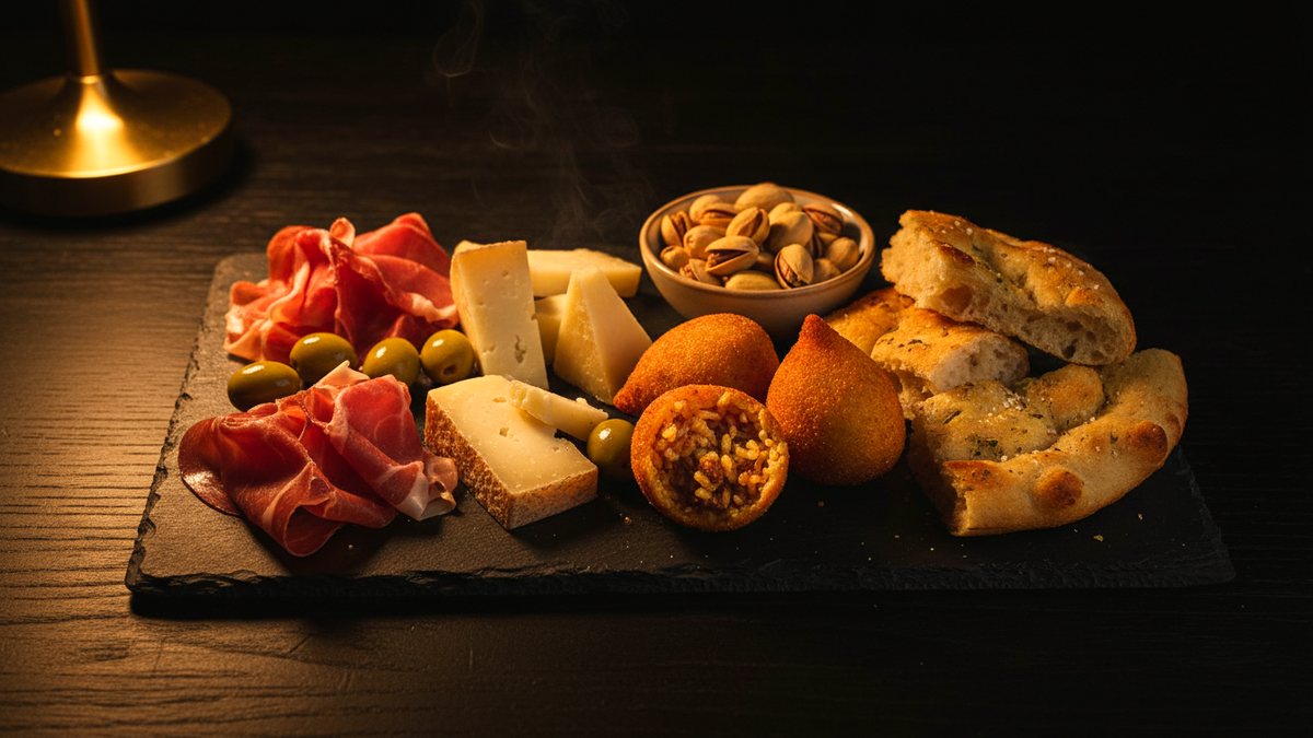 A board of Parma ham, rolled cheese, olives and walnuts