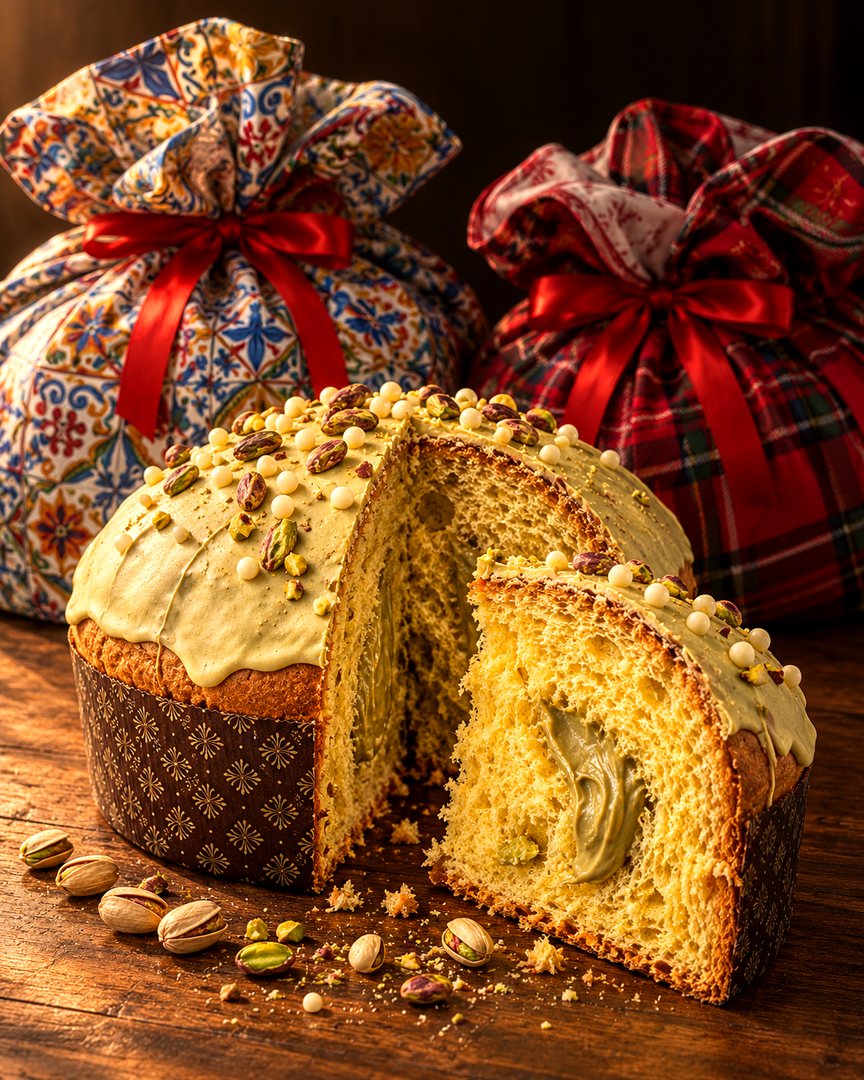 A pistachio panettone cut open to show its soft crumb and pistachio cream, with two more wrapped in Sicilian tile-print and red tartan cloth behind